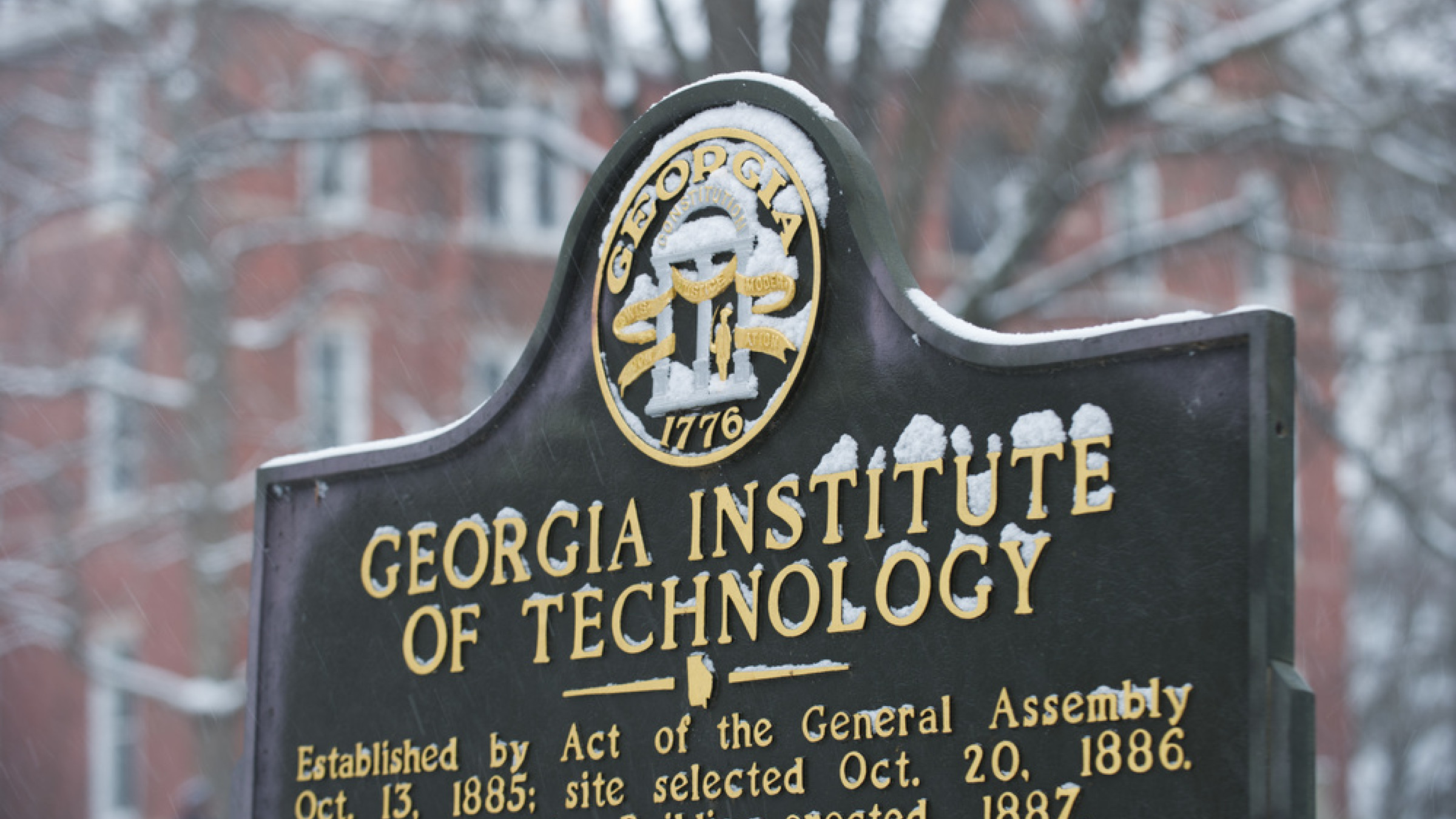 Georgia Tech historic marker covered in snow during a 2014 winter weather event. Photographer: Rob Felt