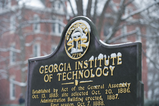 Georgia Tech historic marker covered in snow during a 2014 winter weather event. Photographer: Rob Felt